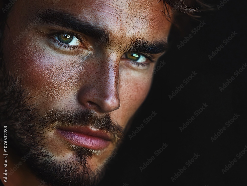 Enigmatic Gaze of a Striking Masculine Portrait against a Minimalist Dark Background Enigmatic Gaze of a Striking Masculine Portrait against a Minimalist Dark Background