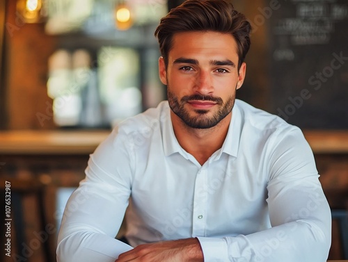 Handsome Man in Crisp Dress Shirt Seated at Cafe Table Portraying Sophistication and Love for Simple Pleasures