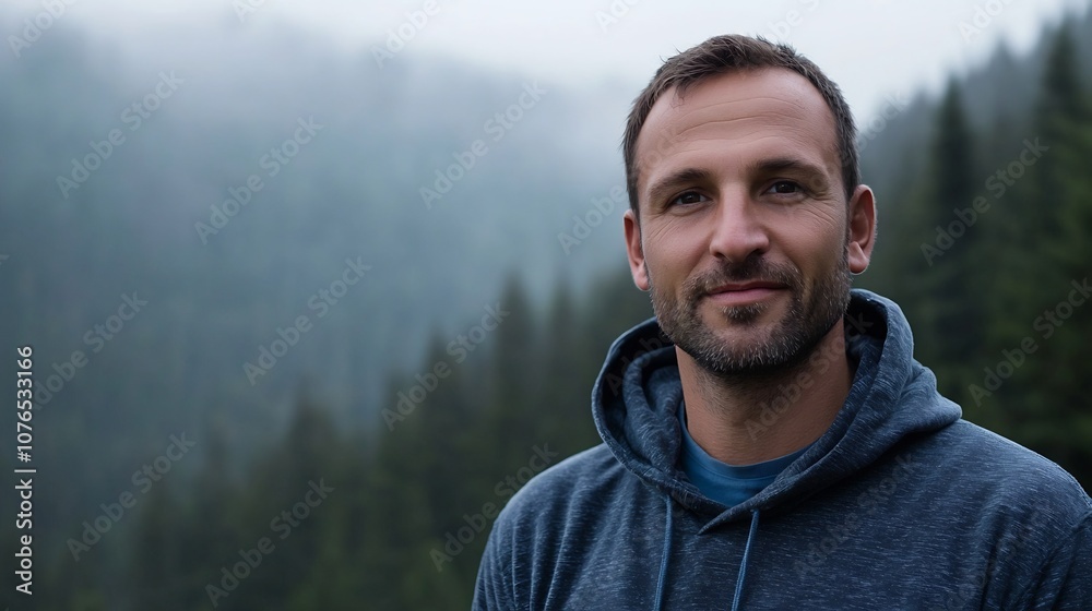 © Wuttichai - Rugged Man in Casual Hoodie Set Against Misty Mountain Backdrop