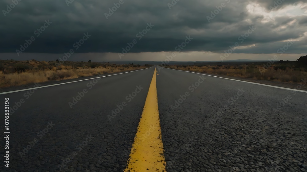 Naklejka premium Road With Yellow Line. Asphalt road with a bright yellow line running horizontally along the center