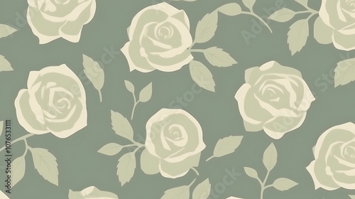 Wallpaper Mural A Seamless Pattern of White Roses and Leaves on a Sage Green Background Torontodigital.ca