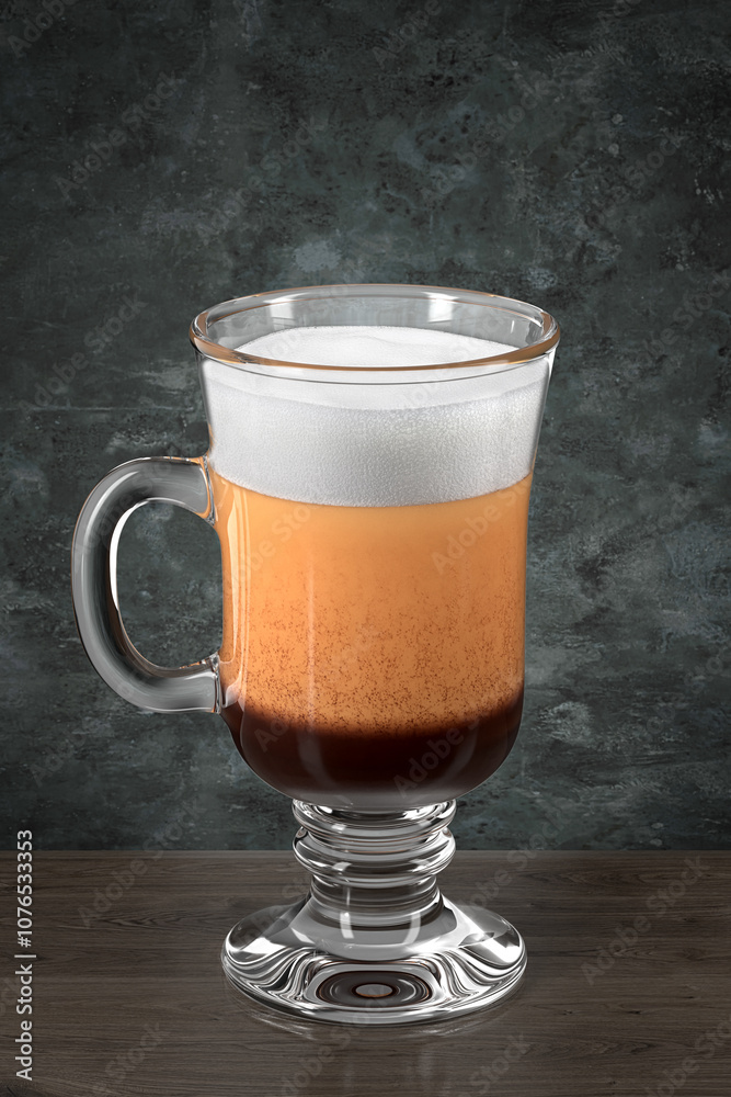 Irish Coffee glass on the wooden table against the wall in grunge style. Bar theme. Dark environment. 3d rendering. Irish Coffee glass on the wooden table against the wall in grunge style. Bar theme. Dark environment. 3d rendering.