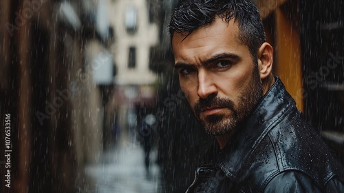 Striking Portrait of Rugged Man with Intense Gaze Standing on Moody Rain Soaked Street