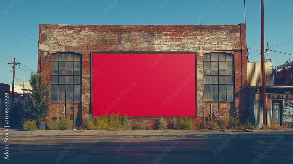 Poster mockup on brick wall. Abandoned building with large red panel and industrial facade. Poster mockup on brick wall. Abandoned building with large red panel and industrial facade.