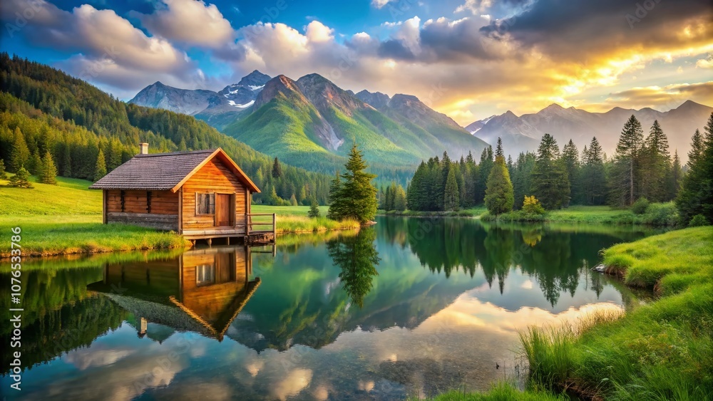 Fototapeta premium Serene Wooden Cabin by a Tranquil Lake in a Green Field with Majestic Mountains in the Background, Perfect for a Peaceful Retreat and Nature Escape
