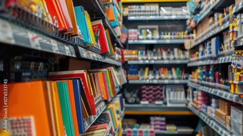 A tidy and well-stocked school supply store with shelves full of notebooks and pencil