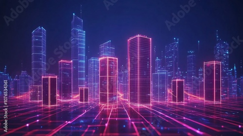 Lowpoly 3D wire mesh of a smart city An intelligent building automation system concept with binary code data flow showcasing technology in urban