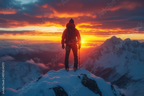 A hiker stands on a snowy mountain peak, silhouetted against a vibrant sunrise.