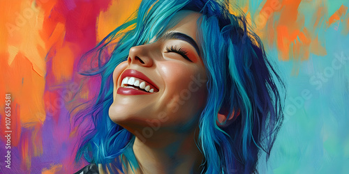 Young woman with vibrant blue hair smiling against colorful background . photo