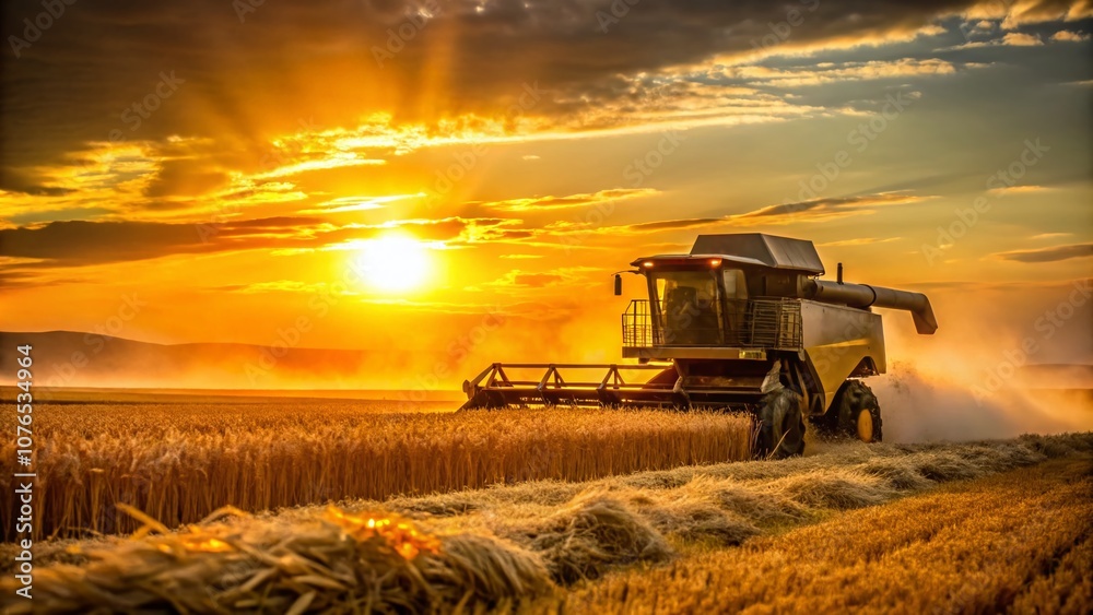 Fototapeta premium Silhouette of a Yellow Harvester at Sunset Harvesting Grain in a Golden Field Capturing the Essence of the Harvest Season with a Focus on the Abundant Grain Crop