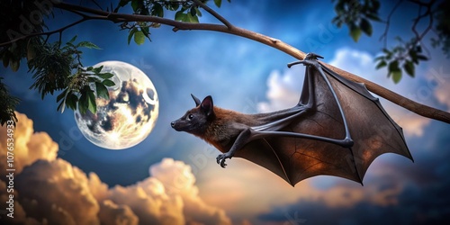 Silhouette of a Sleeping Realistic Black Fruit Bat Pteropus Alecto Against a Moonlit Sky, Capturing the Essence of Nocturnal Wildlife in Nature’s Embrace photo