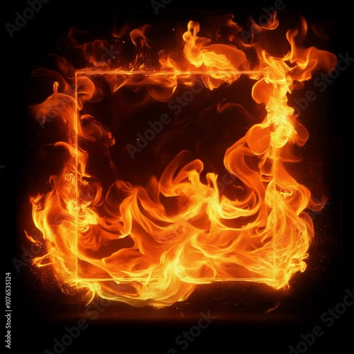 A square frame made of fire on a black background. An overlay effect	
