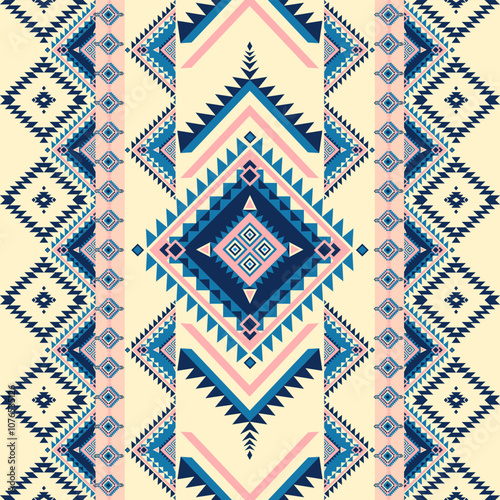 Aztec Geometric Pattern - Bold Tribal Motifs with Blue and Pink Accents on Cream Background, Traditional Southwestern Ethnic Design for Fabric and Wallpaper, Vibrant and Cultural Aesthetic