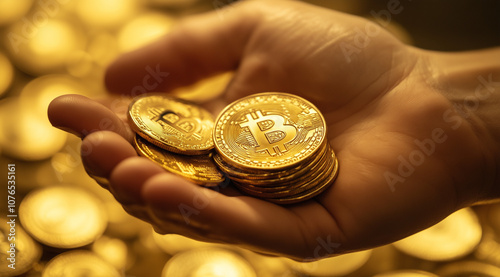 A hand holding bitcoin with stock market chart background