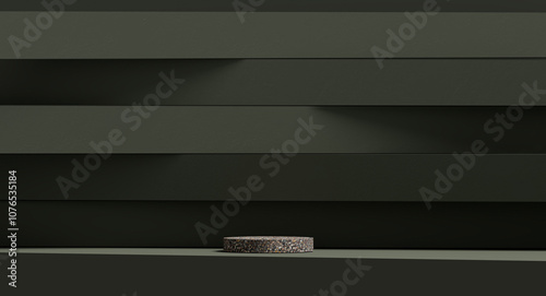 3D display podium, dark green background with stone pedestal. Beauty, cosmetic product presentation terrazzo stand. Luxury feminine mockup 3d render advertisement mockup.