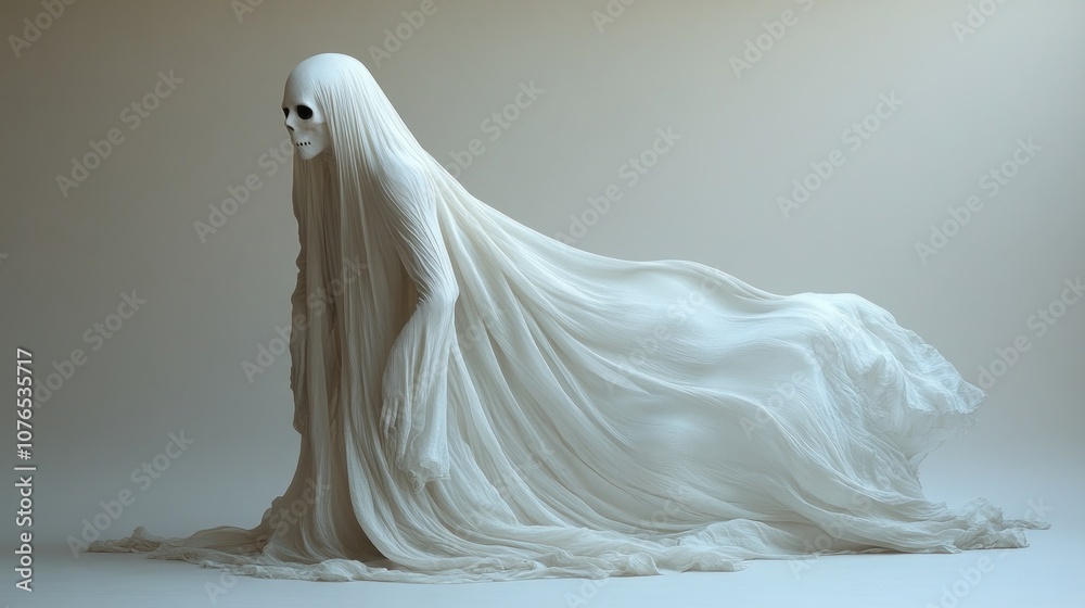 Ethereal figure draped in flowing fabric, evoking a ghostly presence. Ethereal figure draped in flowing fabric, evoking a ghostly presence.