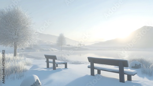 Two Empty Benches By a Frozen Lake on a Foggy Winter Morning