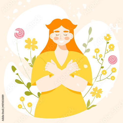Smiling young woman hugging herself. Vector illustration in flat cartoon style. Love yourself, self acceptance and body positive concept. Floral background