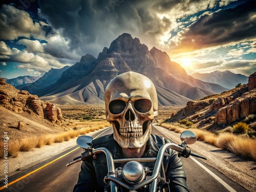 Skull Skeleton Riding a Motorbike: Edgy Landscape Photography for Motorcycle Club Merchandise, Badges, Stickers, and T-Shirts with a Fierce Attitude in a Wild Outdoor Setting photo