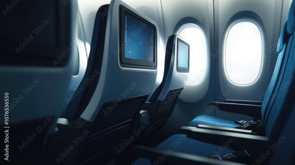 An airplane with a TV screen mockup on the back seat. An airplane with a TV screen mockup on the back seat.
