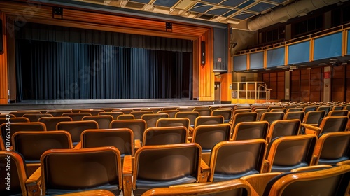 A school auditorium with neatly arranged chairs and a stage ready for a performance