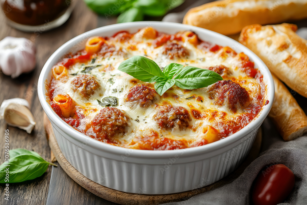 A Serving of Meatball Marinara Pasta, Covered in Melted Mozzarella and Parmesan Cheese, with Fresh Basil Leaves and a Garlic Breadstick on the Side, Food Photography, Food Menu Photo Image A Serving of Meatball Marinara Pasta, Covered in Melted Mozzarella and Parmesan Cheese, with Fresh Basil Leaves and a Garlic Breadstick on the Side, Food Photography, Food Menu Photo Image