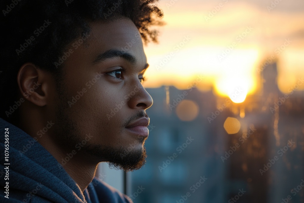 A person admiring the sunset view from inside a room, with the window as a frame A person admiring the sunset view from inside a room, with the window as a frame
