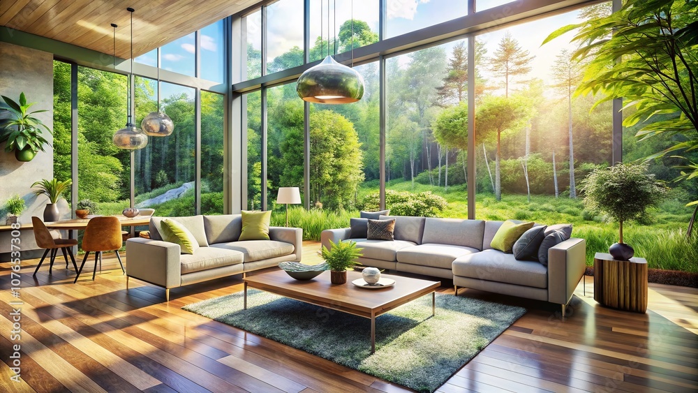 Spacious Modern Living Room with Contemporary Furniture and Large Windows Showcasing Natural Light and Lush Greenery in a Double Exposure Photography Style