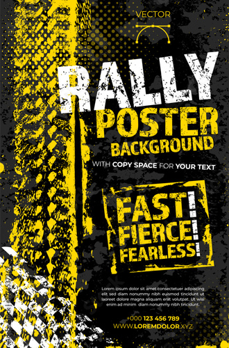 Rally poster grungy and halftone background with tire tracks