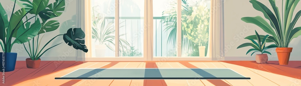 Yoga mat near open window, natural light and plants, flat design illustration