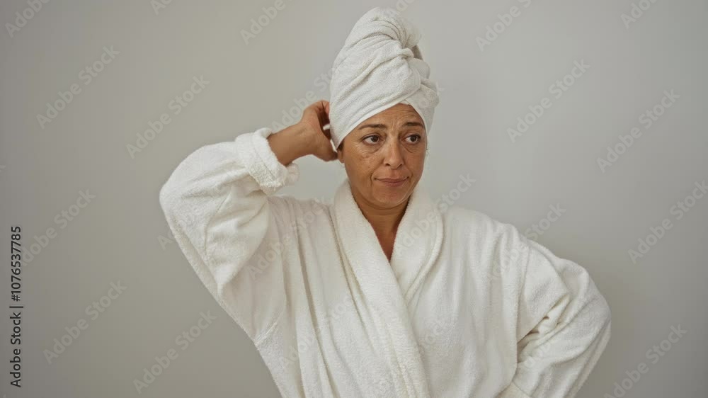 Woman in middle age wearing towel and bathrobe, pensive and doubtful, thinking and wondering over isolated white background, confused and uncertain concept with questioning expression Woman in middle age wearing towel and bathrobe, pensive and doubtful, thinking and wondering over isolated white background, confused and uncertain concept with questioning expression