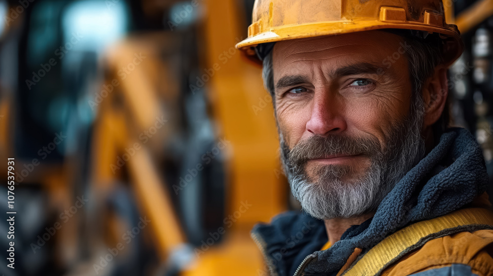 Construction equipment operator stands in front of a construction site vehicle