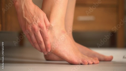 Unrecognizable young woman sits on the bed, touching and scratching the heel of her foot, Closeup. Body care concept, Skincare treatment. Healthcare and dermatological problems. 