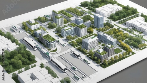 Eco-Friendly Cityscape: A futuristic urban development plan showcasing sustainable architecture, green spaces, and efficient public transport.