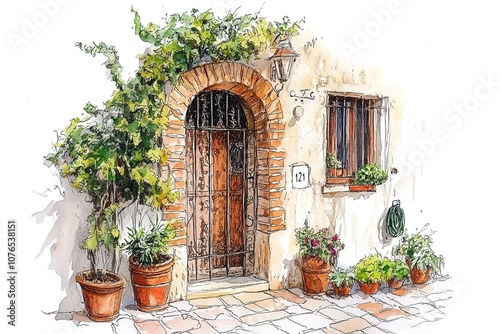 Fototapeta Naklejka Na Ścianę i Meble -  Vintage old city sketch art watercolor illustration
