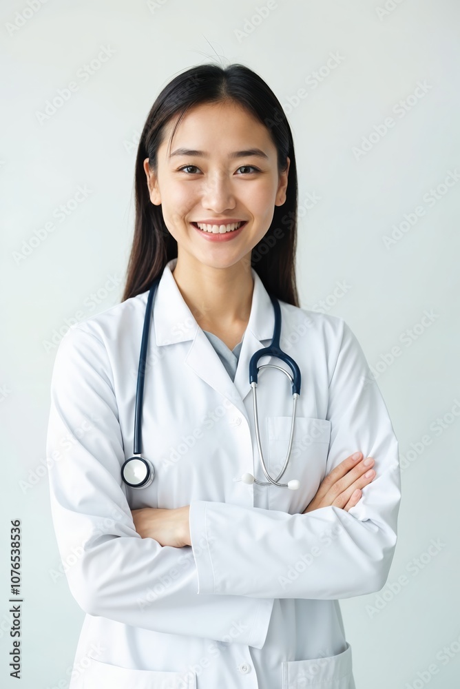 Confident healthcare professional smiling in a white lab coat with a stethoscope around her neck Confident healthcare professional smiling in a white lab coat with a stethoscope around her neck