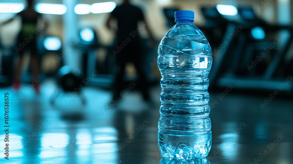Reusable water bottle mockup in gym environment, Plastic water bottle on gym floor with blurred workout background. Reusable water bottle mockup in gym environment, Plastic water bottle on gym floor with blurred workout background.