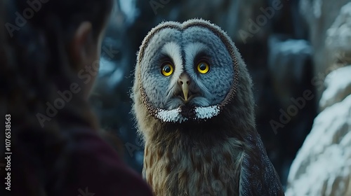 Close-up of a Great Grey Owl with Yellow Eyes Gazing at the Viewer photo