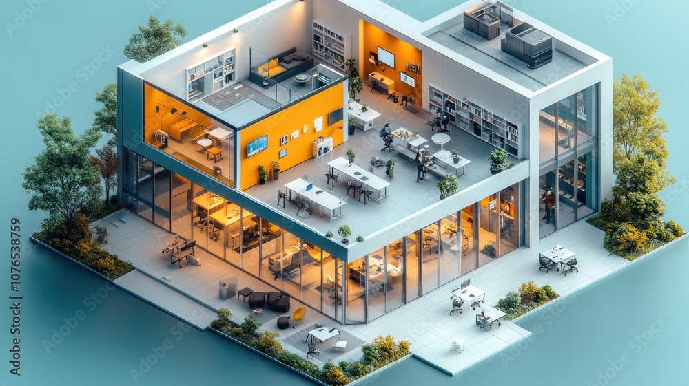 Modern office building with open spaces and greenery.