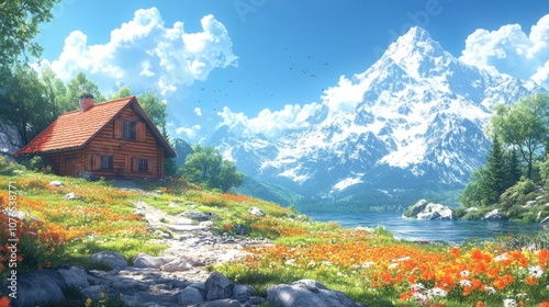 A serene landscape featuring a cozy cabin by a mountain lake.