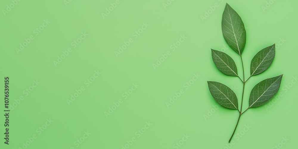 Fototapeta premium A fresh green leaf arrangement on a vibrant green background for a calming effect.