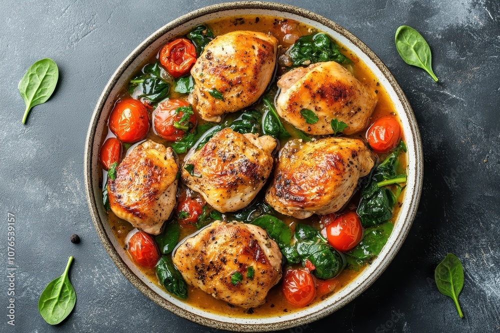 Chicken with spinach and tomatoes in a pan. This image is perfect for showcasing a delicious and healthy meal. Chicken with spinach and tomatoes in a pan. This image is perfect for showcasing a delicious and healthy meal.