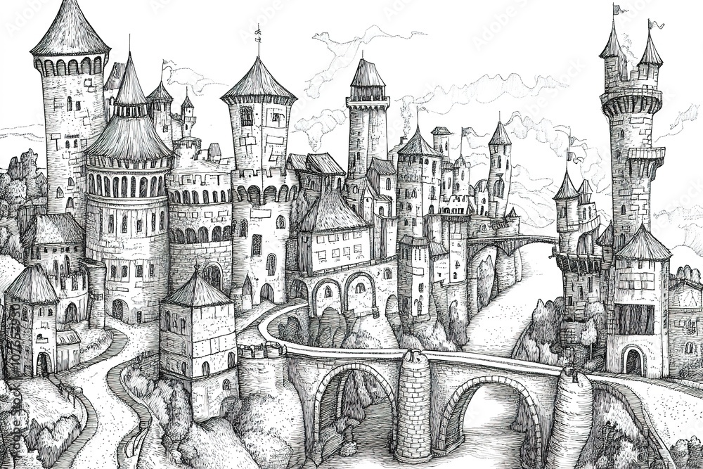 Obraz premium City illustration with a lots of detailed buildings and trees 
