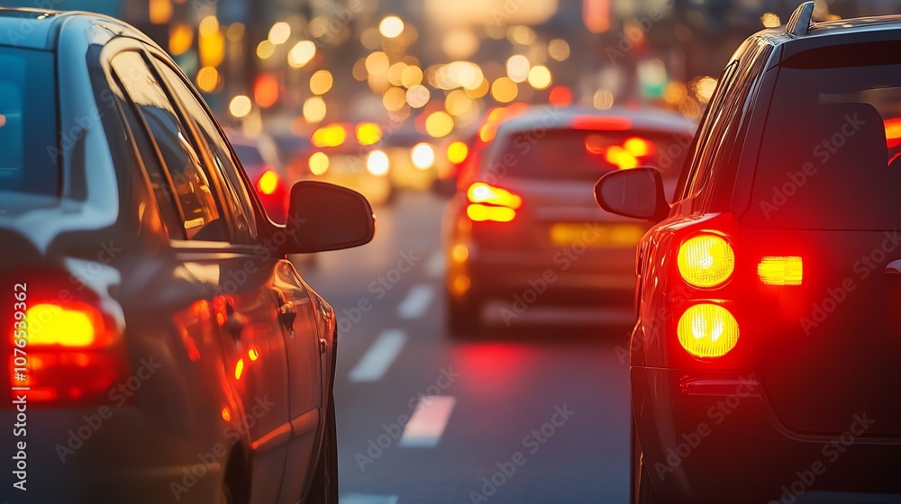 A car stopped in city traffic at dusk. A car stopped in city traffic at dusk.