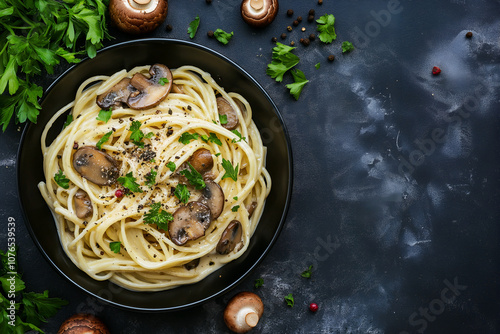 A Bowl of Creamy Garlic Parmesan Pasta with Mushrooms, Garnished with Fresh Parsley and Cracked Black Pepper, Food Photography, Food Menu Photo Image
