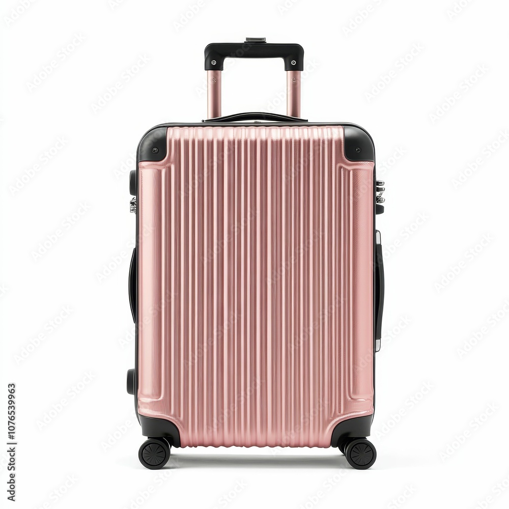 Fototapeta premium Rose gold suitcase with black handle and wheels.