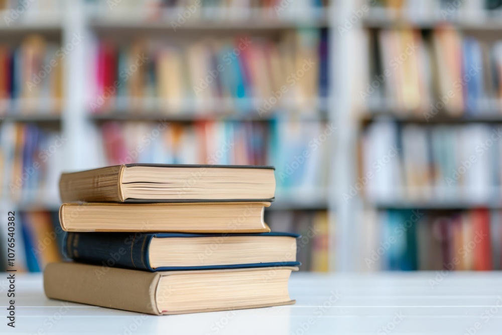 Stacked Books with Blurred Library Background Stacked Books with Blurred Library Background
