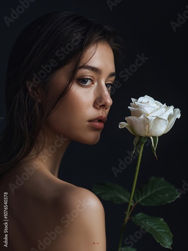 A captivating portrait of a woman holding a white rose against a dark background photo