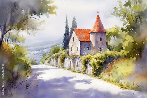 Nice scenery of village homes and trees with green foliage. Hand painted watercolor art created with watercolor paint and brushes. Indian village landscape.
