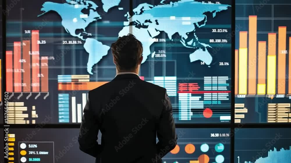 A business analytics expert using data visualizations to drive business decisions, analyzing trends on a large screen